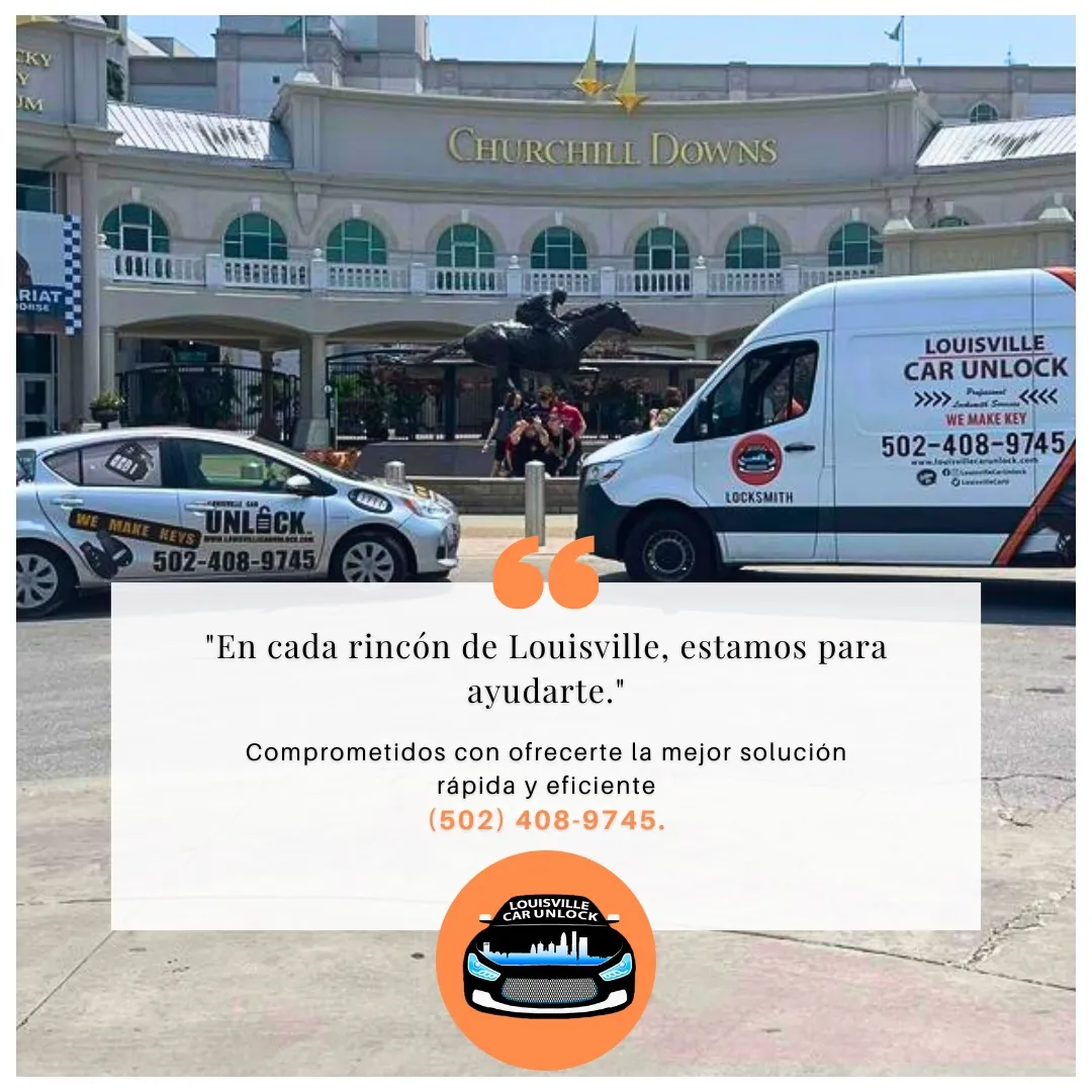 Vehículos de Louisville Car Unlock frente a Churchill Downs con el slogan 'En cada rincón de Louisville, estamos para ayudarte' y número de teléfono.