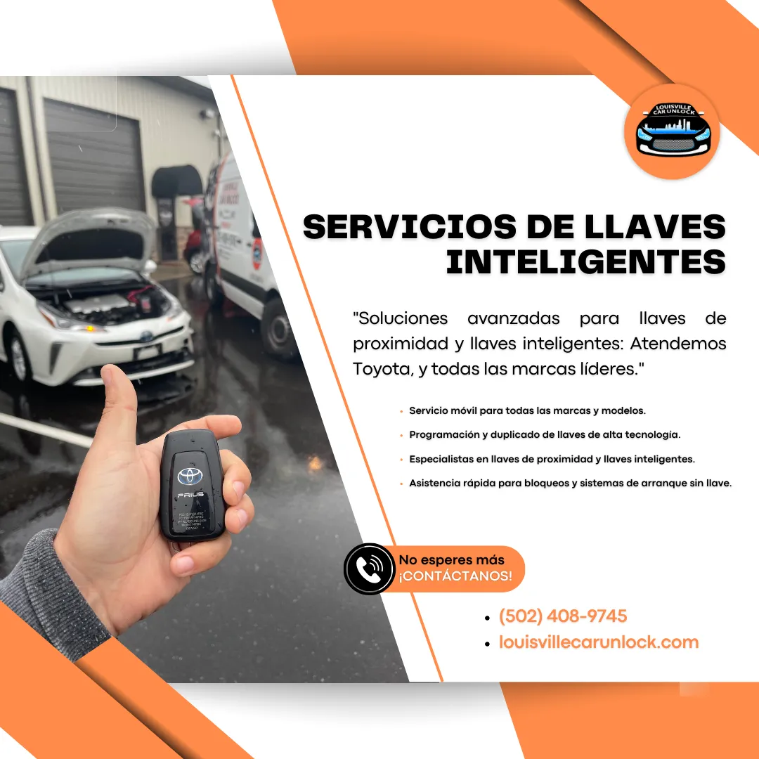 Mano sosteniendo una llave de coche inteligente con un vehículo y furgoneta de cerrajería en el fondo, simbolizando los servicios profesionales de Louisville Car Unlock.