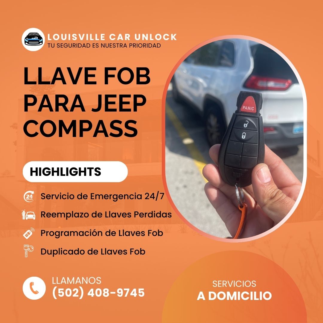 Llave Fob para Jeep Compass de Louisville Car Unlock. Llámanos al (502) 408-9745 para asistencia inmediata.